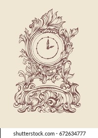 Antique clock hand drawn sketch vector illustration.