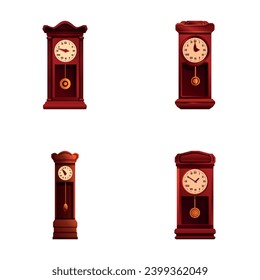 Icono de conjunto de dibujos animados aislados de reloj antiguo. Viejo reloj con péndulo. Decoración interior, antigüedades
