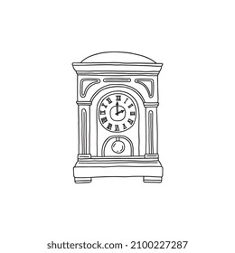 Reloj antiguo con péndulo en estilo doodle dibujado a mano, ilustración vectorial aislada en fondo blanco. Reloj retro con contornos, concepto de tiempo.