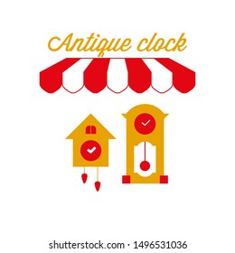 Antique Clock Sign, Emblem. Red and White Striped Awning Tent. Cuckoo Clock and Grandfather Clock. Gold and Red Colors. Flat Vector Illustration.
