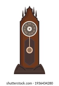 Antique clock. Traditional floor or table standing pendulum clock with wood carved decoration. Beautiful vintage object in cartoon style. Vector old watch isolated icon in flat design