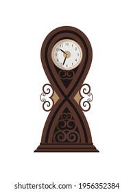 Antike Uhr. Traditioneller Boden- oder Tischstall mit Holzschnitzereien. Schönes Vintage-Objekt im Cartoon-Stil. Vektor alte Uhr einzeln auf Symbol in flachem Design
