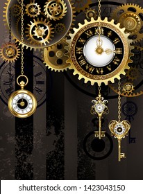 Antique clocks, decorated with jewelry, gold clock hands and black Latin numerals on brown striped background.