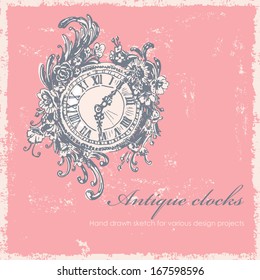 Antique clocks hand drawn sketch. All elements ( clocks, background, shabby frame, abrasions) are located on separate layers and can be used separately or altogether