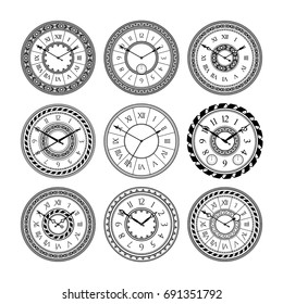 Antique clocks isolate on white. Vintage watch on wall. Vector pictures set