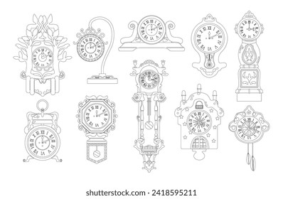 Conjunto De Iconos Vectores De Reloj De Reloj Antiguo, Eras De Madera Intrincadas En Blanco Y Negro, Diseños Ornatos Fabricados