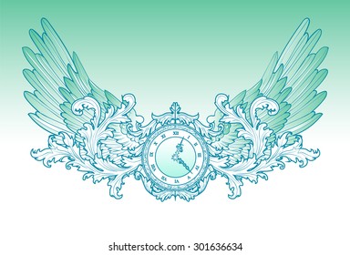 Antique clocks in precious curls on the wings 