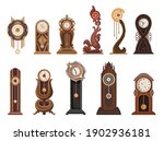 Antique clocks set.Traditional floor or table standing clock with wood carved decoration. Hanging wall pendulum clock. Beautiful vintage objects in cartoon style. Vector old watch isolated icons