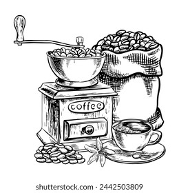 An antique coffee grinder, a bag of beans and a cup of coffee. Vector black and white graphic illustration is hand-drawn. For printing, menus, postcards and packages. For banners, flyers and posters.