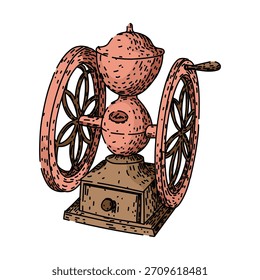 Antique coffee grinder illustration representing the traditional process of making coffee from beans, perfect for concepts of home brewing, retro kitchenware, and specialty drinks