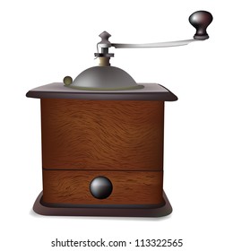 Antique coffee grinder, realistic vector illustration. Isolated on white background.