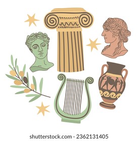 Antique collection. Statues, vase, column, olives, harp. Vector isolated illustration.