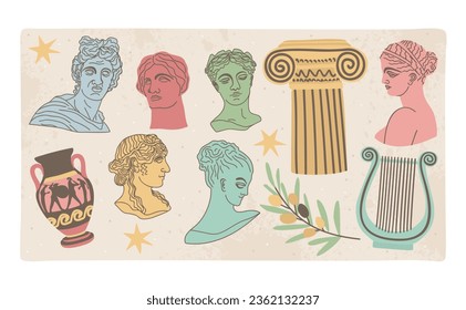 Antique collection. Statues, vase, column, olives, harp. Vector illustration.