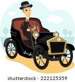 Antique Collector Car,with driver wearing a suit and bowler hat vector illustration cartoon.