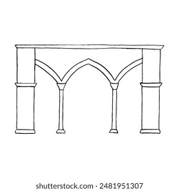 Antique colonnade with ancient arches from Temple Mount in Jerusalem vector illustration. Black and white line Roman architecture with columns in simple flat style