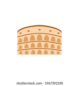 Antique Colosseum or Coliseum theater building icon or symbol, flat vector illustration isolated on white background. Roman ancient architecture example.