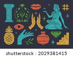 Antique column with boho flower of eternity. Beautiful boho woman in cape holding diamond. Mystical eyes and lips silhouettes. Pineapple with old vessel. Vector illustration set