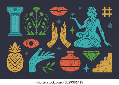 Columna antigua con la flor boho de la eternidad. Hermosa mujer boho en el cabo sosteniendo diamantes. Siluetas místicas de ojos y labios. Piña con vaso viejo. Conjunto de ilustraciones de vector