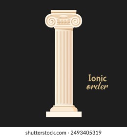Antique column of greek architecture with ionic order isolated on dark background with lettering.