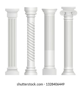 Antique column. Historical greek pillars ancient building architecture art sculpture vector realistic pictures