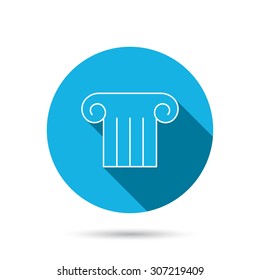Antique column icon. Ancient museum sign. Architectural pillar symbol. Blue flat circle button with shadow. Vector