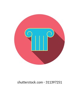 Antique column icon. Ancient museum sign. Architectural pillar symbol. Red flat circle button. Linear icon with shadow. Vector
