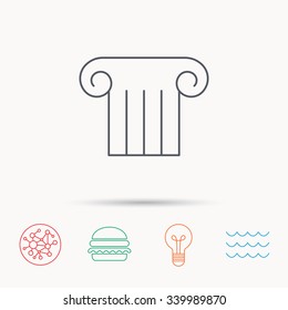 Antique column icon. Ancient museum sign. Architectural pillar symbol. Global connect network, ocean wave and burger icons. Lightbulb lamp symbol.