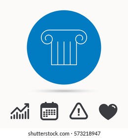 Antique column icon. Ancient museum sign. Architectural pillar symbol. Calendar, attention sign and growth chart. Button with web icon. Vector