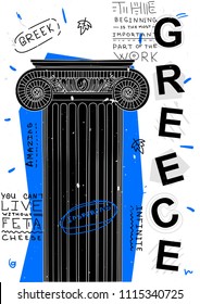 Antique column and pilar, Greece.Travel banner. T-Shirt Design & Printing, clothes, bags, posters, invitations, cards, leaflets etc. Vector illustration.