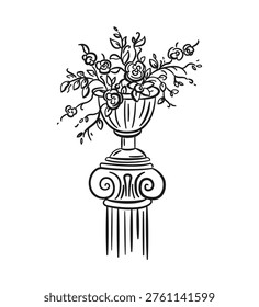 Antique column and plaster vase with roses, wedding decor. Vintage floral arrangement. Hand drawn marriage icon. Bouquet of flowers in a pot. Vector sketch isolated