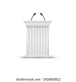 Antique column pulpit. White podium tribune with microphones. Blank rostrum stand. 3D vector illustration isolated on white.