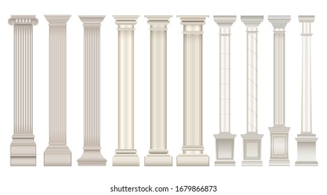 Icono de conjunto realista de columnas antiguas. Pilar clásico de icono de conjunto realista vectorial aislado. Columna antigua de ilustración vectorial sobre fondo blanco.