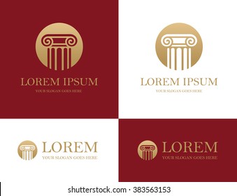 Antique column round icon in red and golden colors. Can be used as logo for law firm, architectural, historical or educational concepts