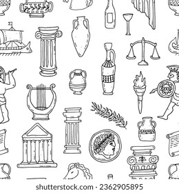 Antique column, vases, harp, olive branch, coin, architecture, scales, warrior. Ancient Greek style. Pattern. Seamless. Doodle. Vector illustration. Hand drawn. Outline