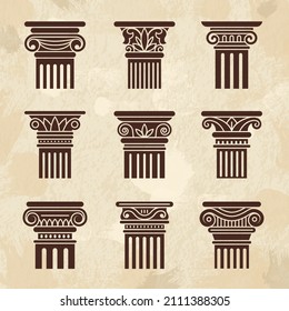 Antique columns. Ancient architecture museum exhibition pillars greek ornate columns recent vector stylized icons collection