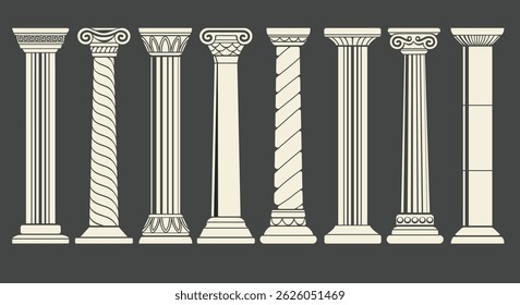 Colunas antigas. ícone de coluna antiga conjunto isolado no fundo preto ilustração vetor