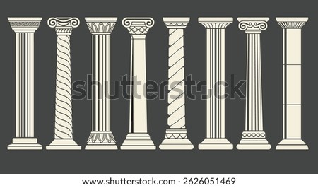 Antique columns. Ancient column icon set isolated on black background vector illustration