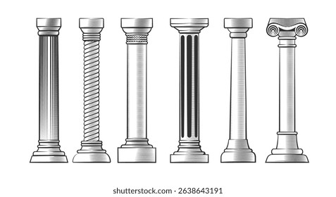 Antique columns engraving. Column monochrome etching set isolated vector illustration