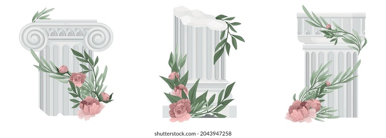 Antique columns flower set with red flowers and ripe green leaves with columns and human leaves vector illustration