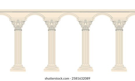 Antique columns pattern. Repeating design element for printing on fabric. Historical Roman and Greek architecture. Ancient doric and ionic facade. Flat vector illustration