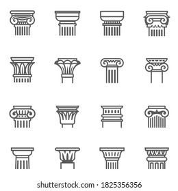 Antique Columns, Pillars Outline Icons Set Isolated On White. Classic Plinth, Socle, Museum Pedestal, Statuary Stand, Base Pictograms Collection. Collonade Vector Element For Infographic, Web.