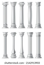 Antique columns, realistic icon set. Classic stone pillars of roman or greece architecture with twisted and groove ornament for facade design