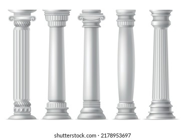 Antique columns, realistic icon set. Classic stone pillars of roman or greece architecture with twisted and groove ornament for facade design