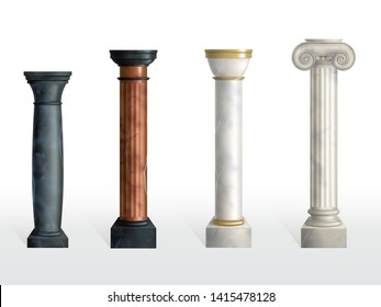 Antique columns set. Ancient stone or marble classic ornate pillars of different colors and textures isolated on white background. Roman or greece facade decoration. Realistic 3d vector illustration