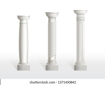 Antique columns set isolated on white background. Ancient classic pillars of roman or greece architecture with ornament for interior or facade. Joinery elements. Realistic 3d vector illustration.