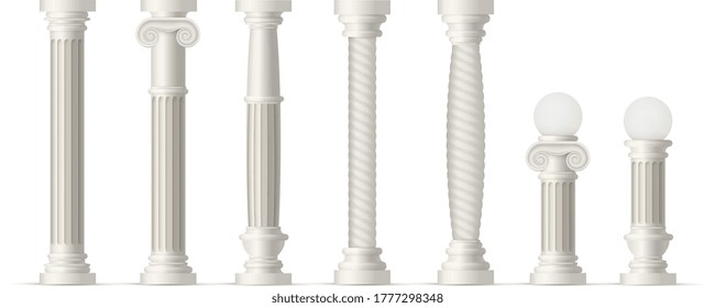 Antique columns set. Isolated realistic classic white column collection. Antique stone pillar icons. Vector Roman and Greek ancient architecture and culture