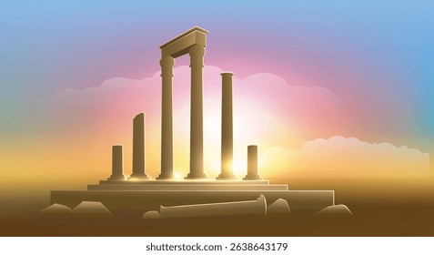 Antique columns at sunrise landscape. Ruins in glowing and glittering sunlight isolated vector illustration