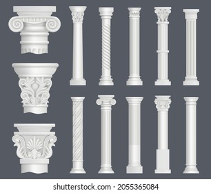 Antique columns. Vintage ancient facade decoration renaissance style ornamental pillars architectural interior objects decent vector realistic illustrations