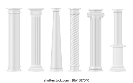 Antique columns white realistic set. Pillars greek or roman colonnade architecture elements. Monuments, capitals. Pedestals, stands collection. Vector columnn isolated on white background.