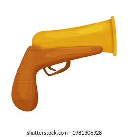 Antique comic pistol, pirate gun, retro weapon in cartoon style isolated on white background. Wooden and gold material, detailed object.